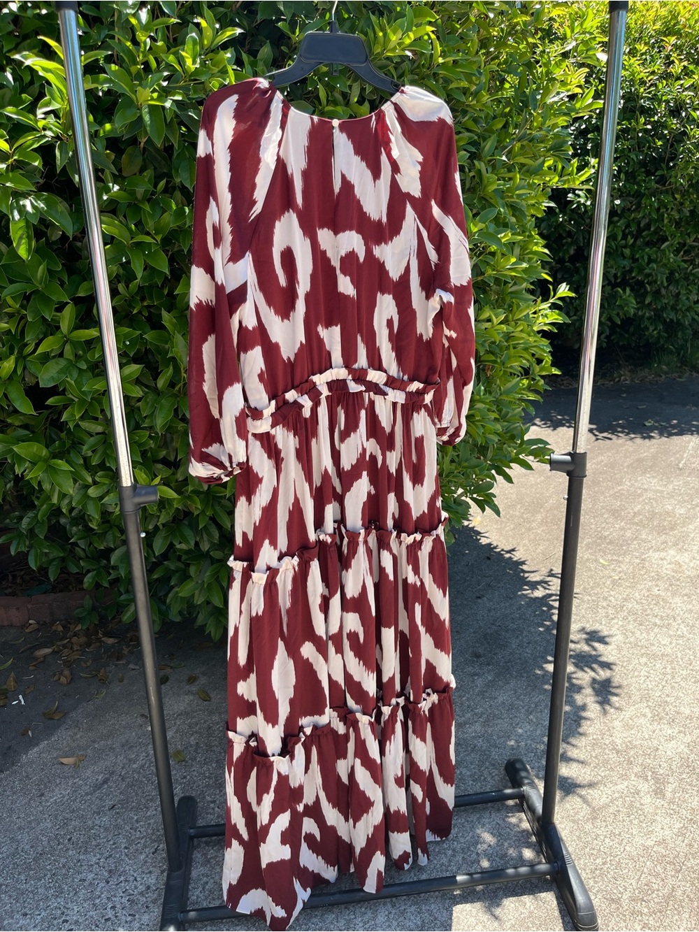 Express Burgundy and Cream Abstract Print Tiered Maxi Dress